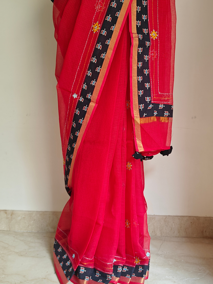 Red Kota Patchwork Hand Embroidered Saree