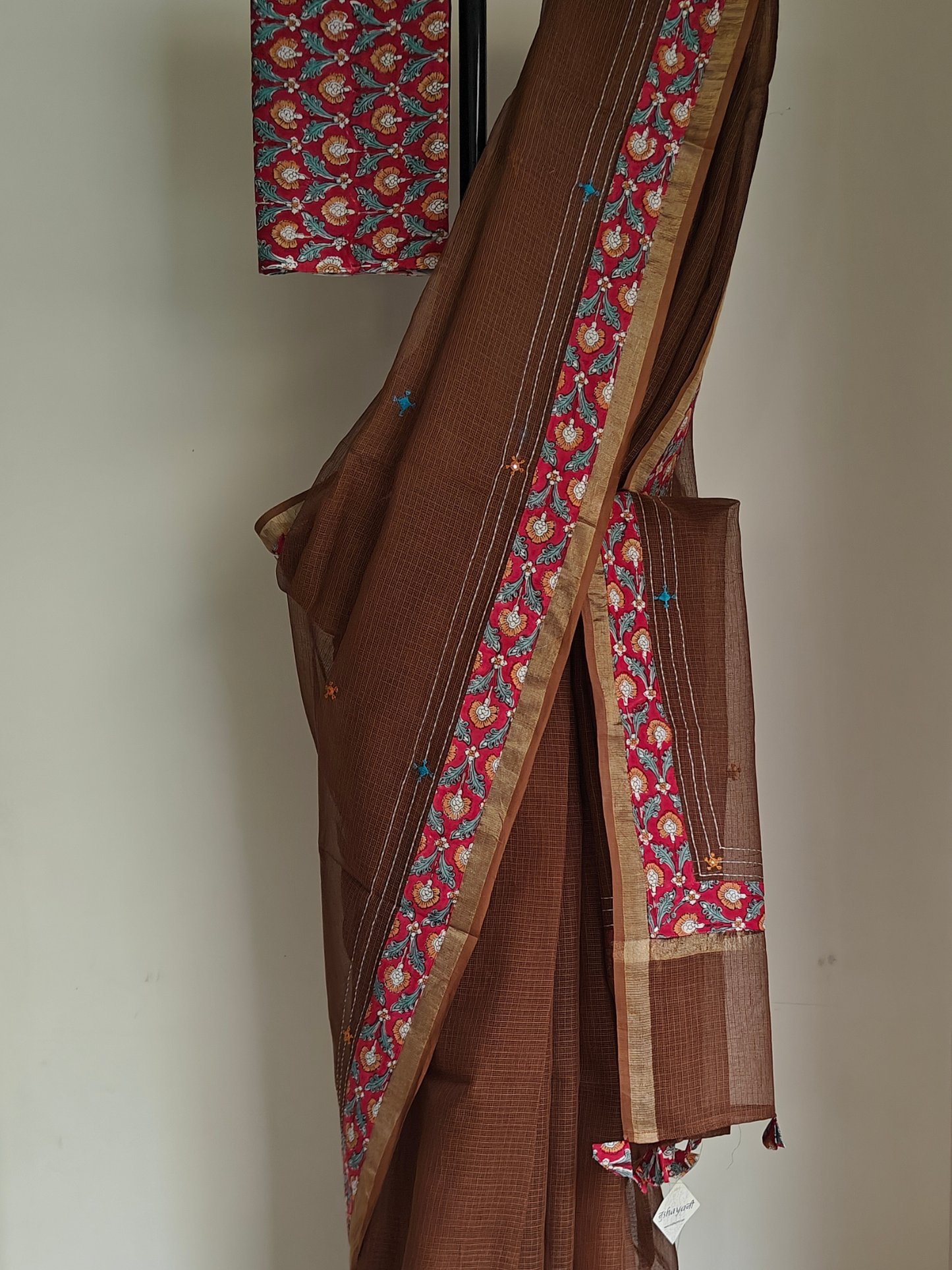 Brown Kota Patchwork Hand Embroidered Saree