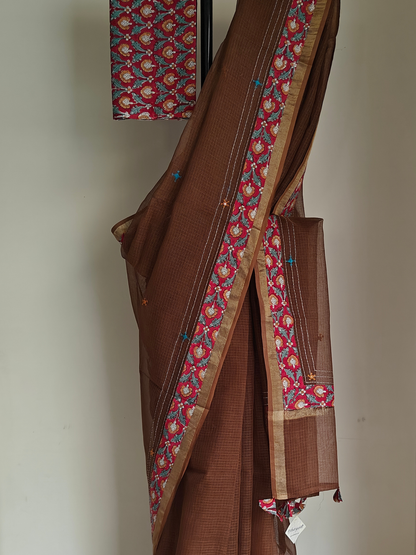 Brown Kota Patchwork Hand Embroidered Saree