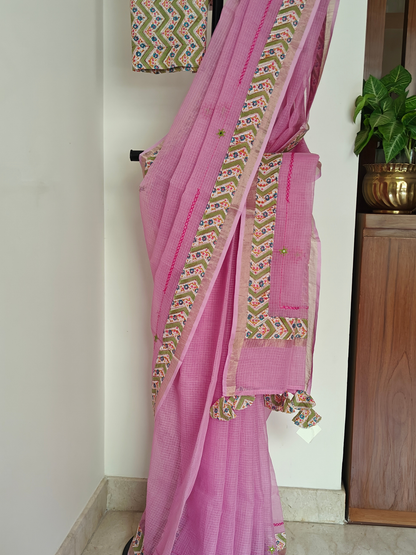 Pink Kota Patchwork Hand Embroidered Saree