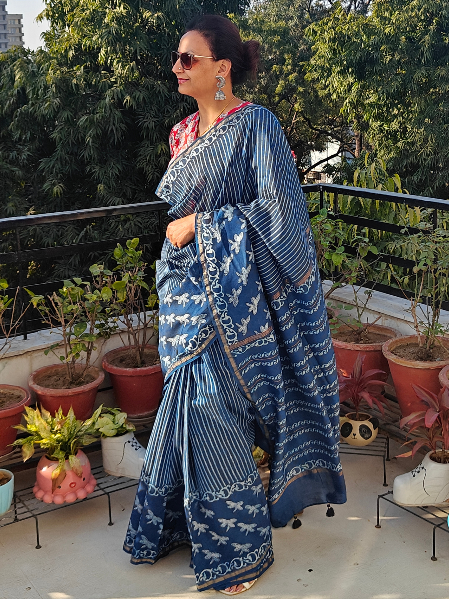 Indigo Dabu Handblock Print Chanderi Saree