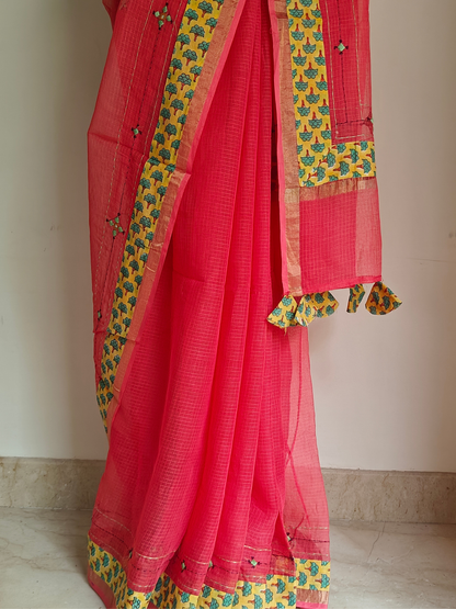 Peach Kota Patchwork Hand Embroidered Saree