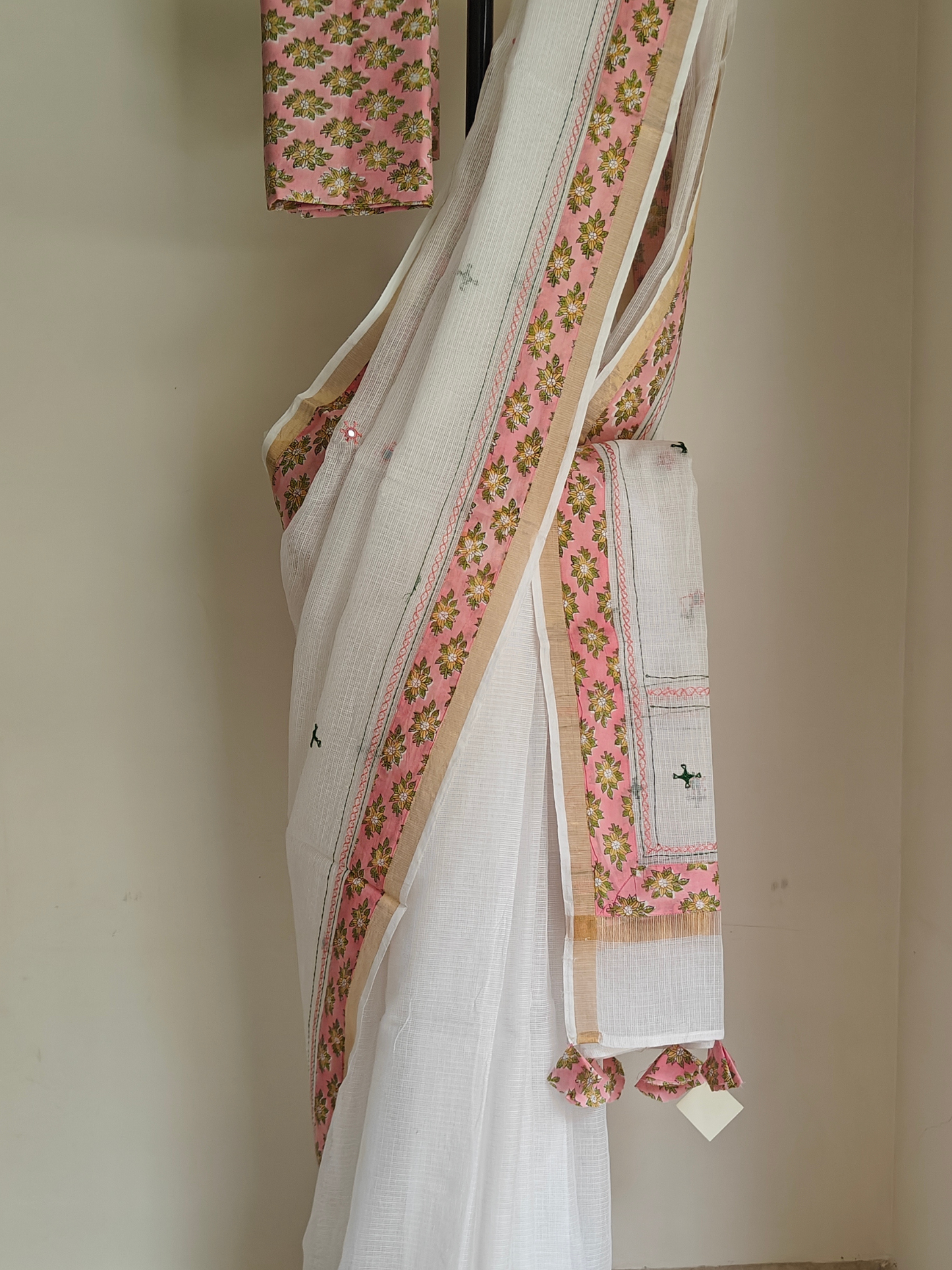 White Kota Patchwork Hand Embroidered Saree