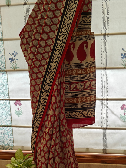 Maroon Bagru Handblock Printed Mull Cotton saree