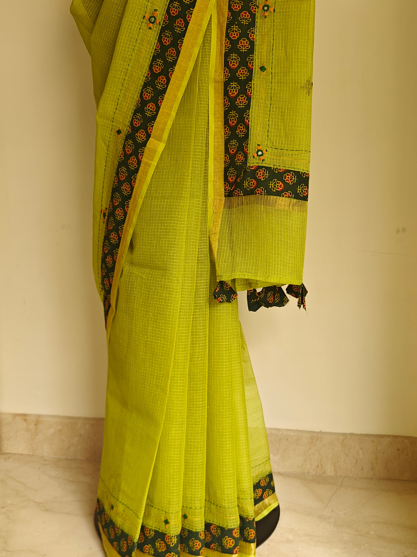 Lime Green Kota Patchwork Hand Embroidered Saree