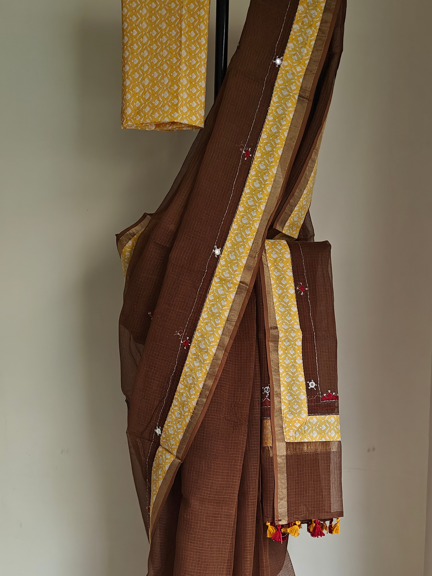 Brown Kota Patchwork Hand Embroidered Saree