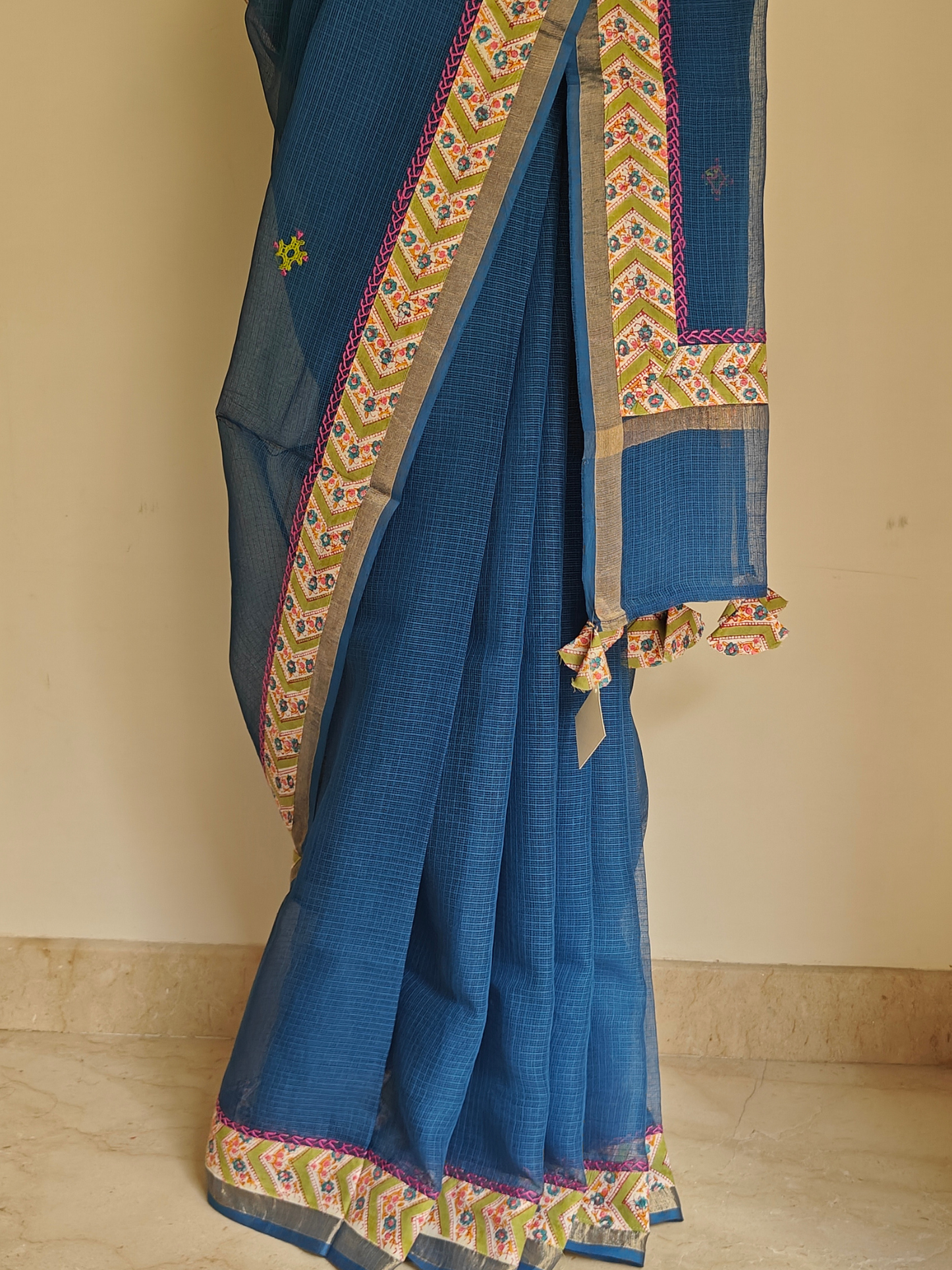 Navy Blue Kota Patchwork Hand Embroidered Saree