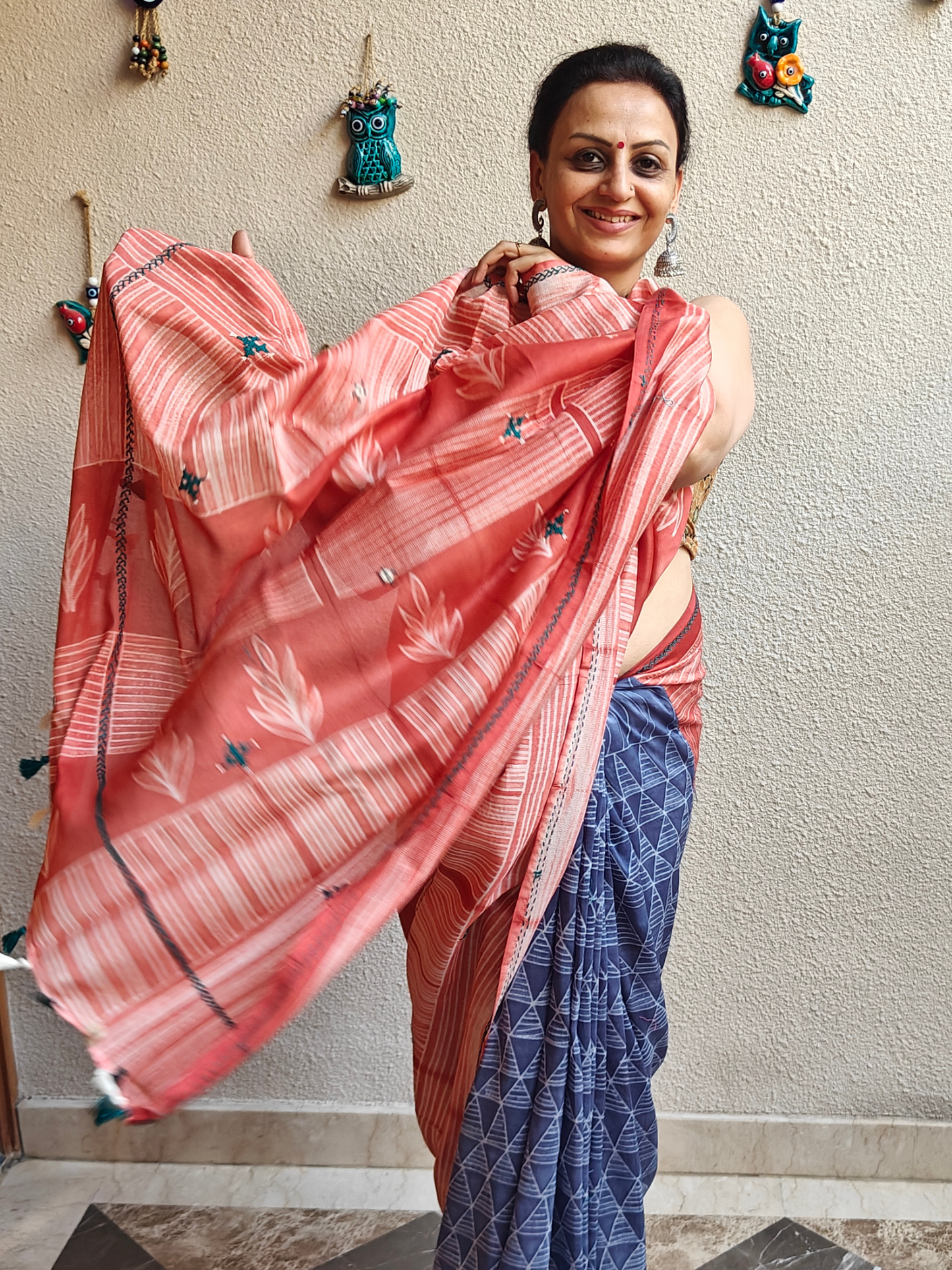 Peach-Blue Half & Half Shibori Handcrafted Saree