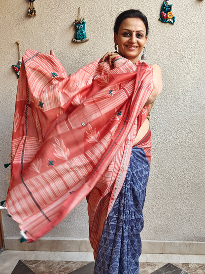 Peach-Blue Half & Half Shibori Handcrafted Saree