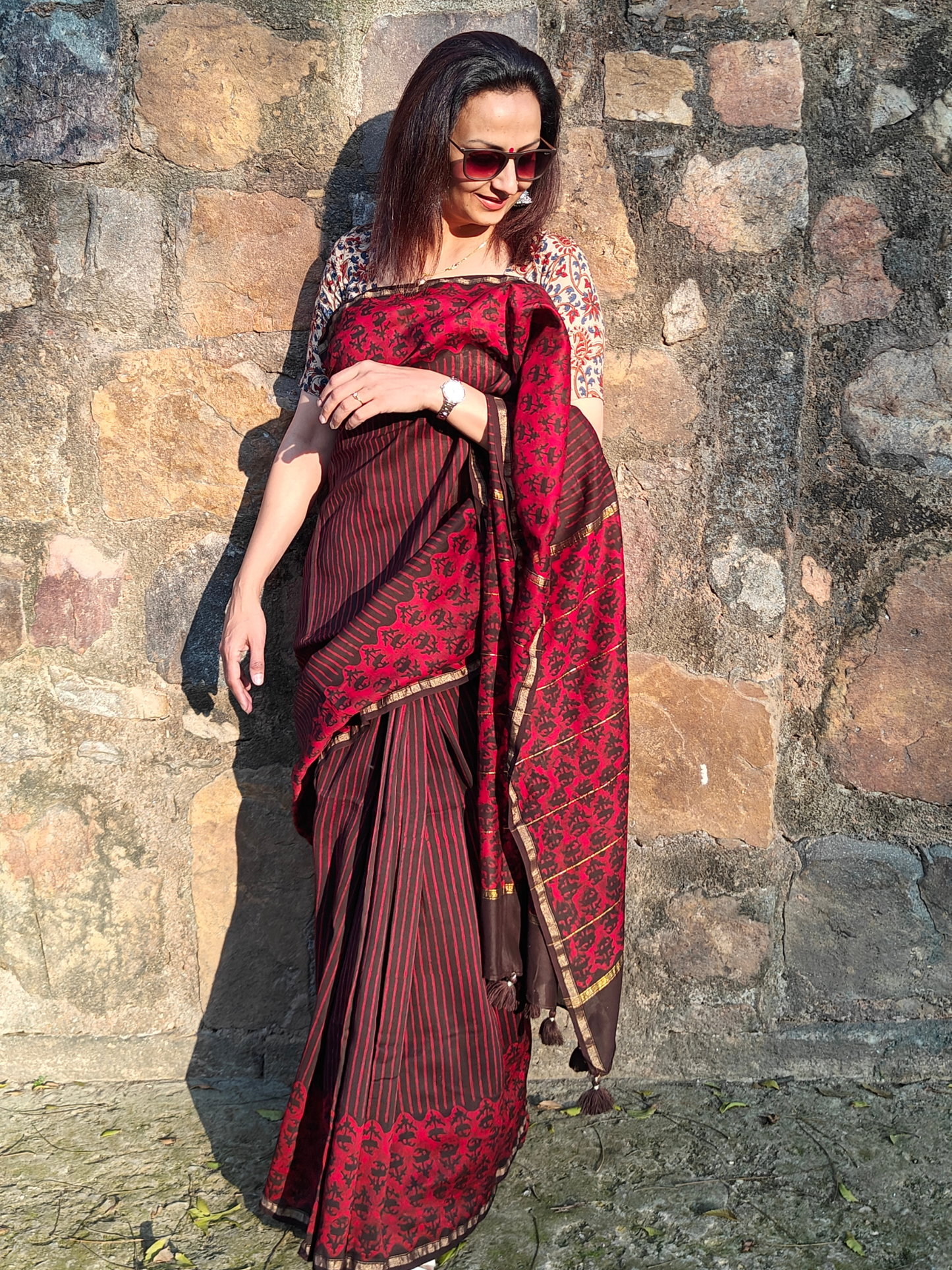 Coffee-Maroon Dabu Handblock Print Chanderi Saree