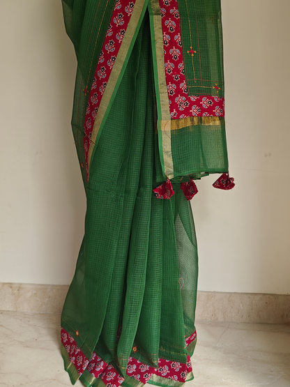 Green Kota Patchwork Hand Embroidered Saree