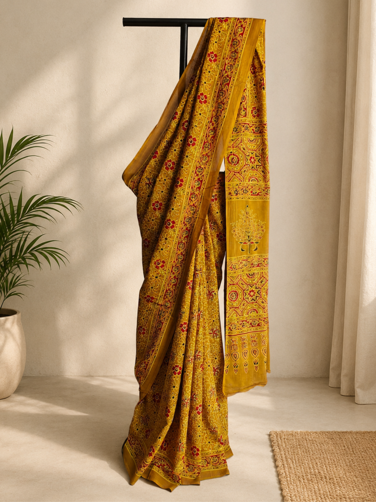 Mustard Ajrakh Handblock Printed Mull Cotton Saree