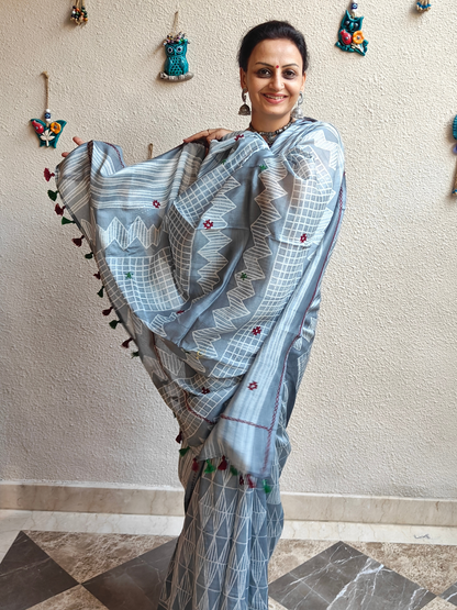 Ash Grey Shibori Handcrafted Saree