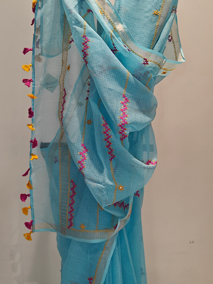 Aqua Blue Kota Hand Embroidered Saree