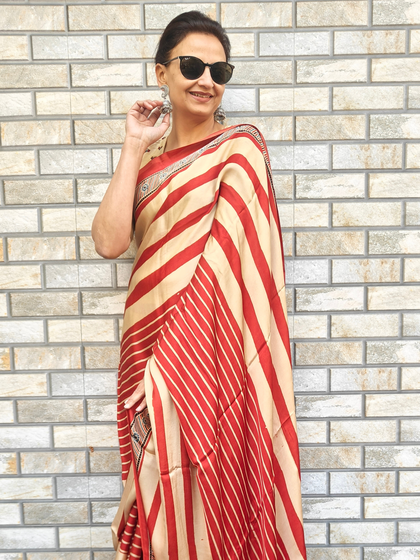 Red Striped Modal Silk Ajrakh Block Print Saree
