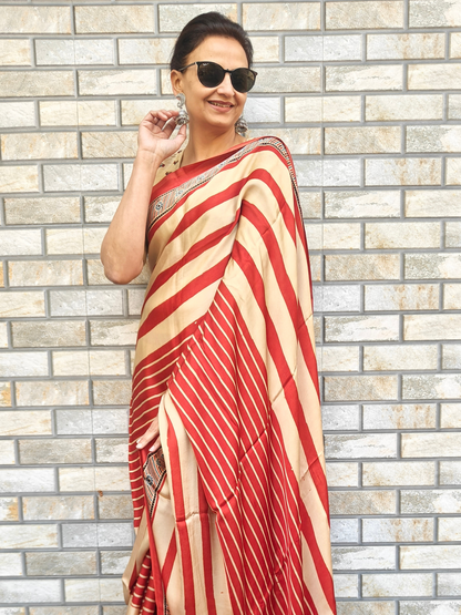 Red Striped Modal Silk Ajrakh Block Print Saree