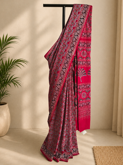 Red Ajrakh Handblock Printed Mull Cotton Saree