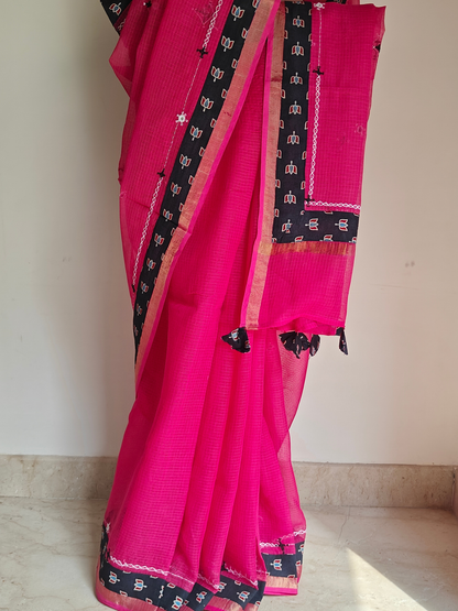 Rani Pink Kota Patchwork Hand Embroidered Saree