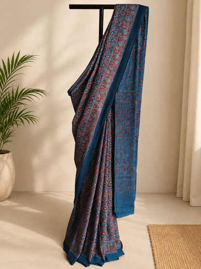 Indigo Ajrakh Handblock Printed Mull Cotton Saree