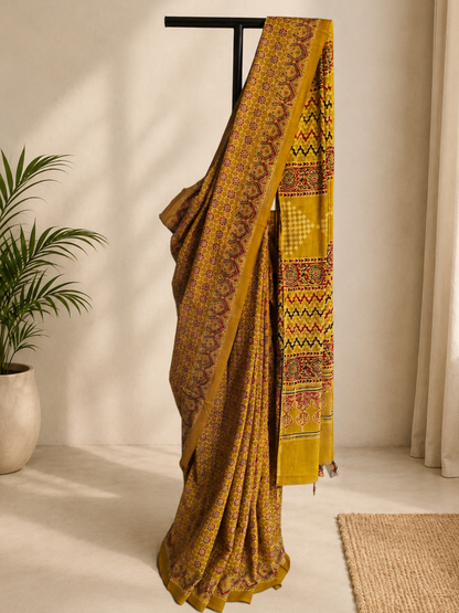 Yellow Ajrakh Handblock Printed Mull Cotton Saree