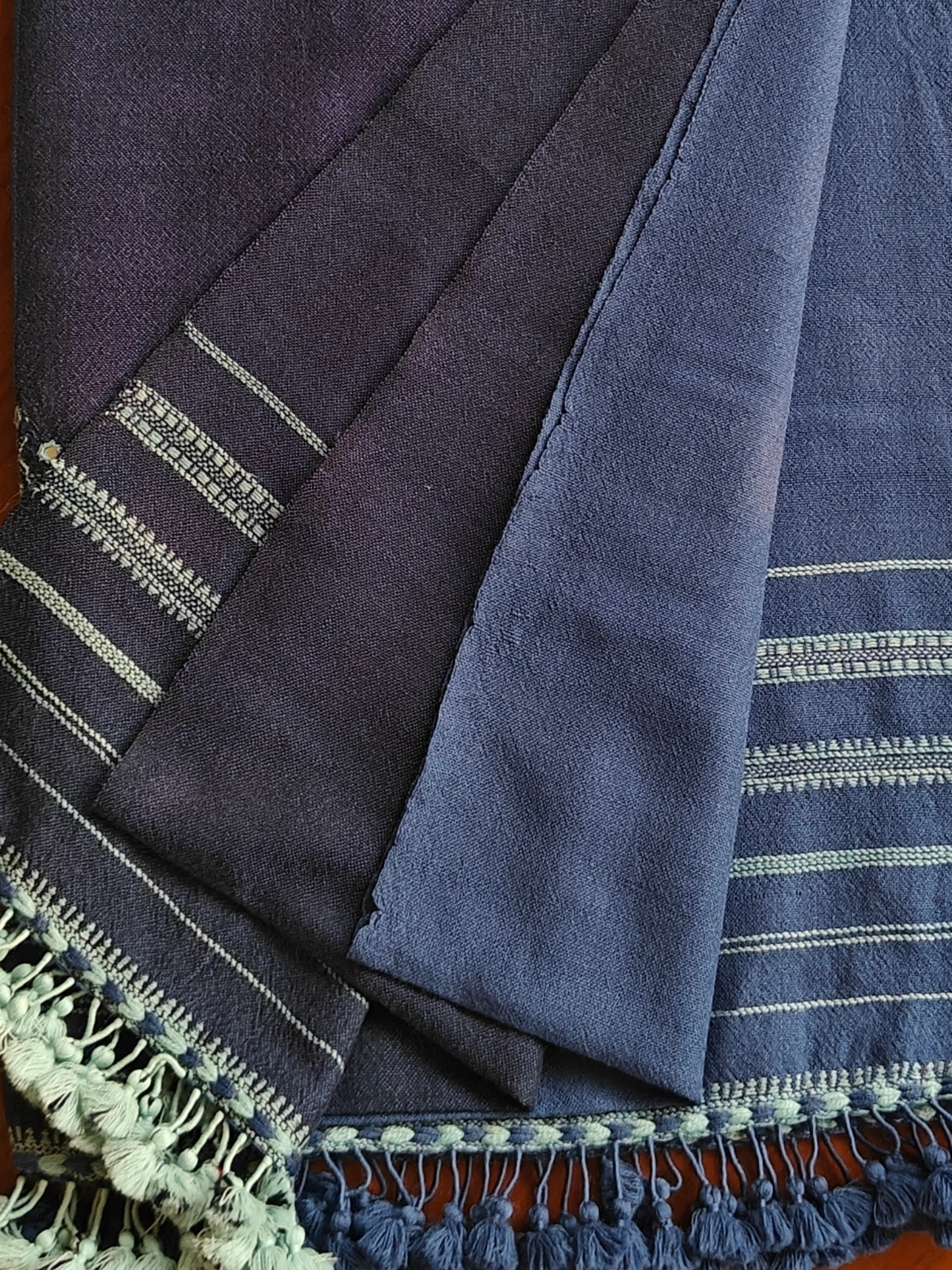 Indigo Blue Half & Half Handwoven Woollen Stole with Handembroidery & Mirror Work