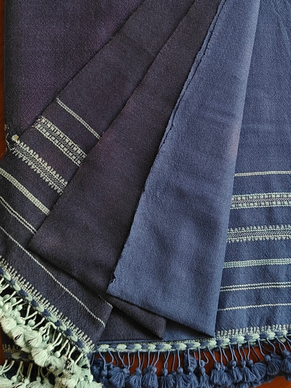 Indigo Blue Half & Half Handwoven Woollen Stole with Handembroidery & Mirror Work