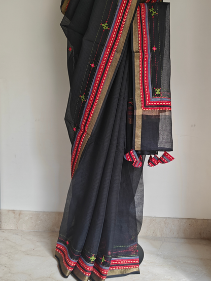 Black Kota Patchwork Hand Embroidered Saree