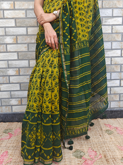 Green-Yellow Dabu Handblock Print Chanderi Saree