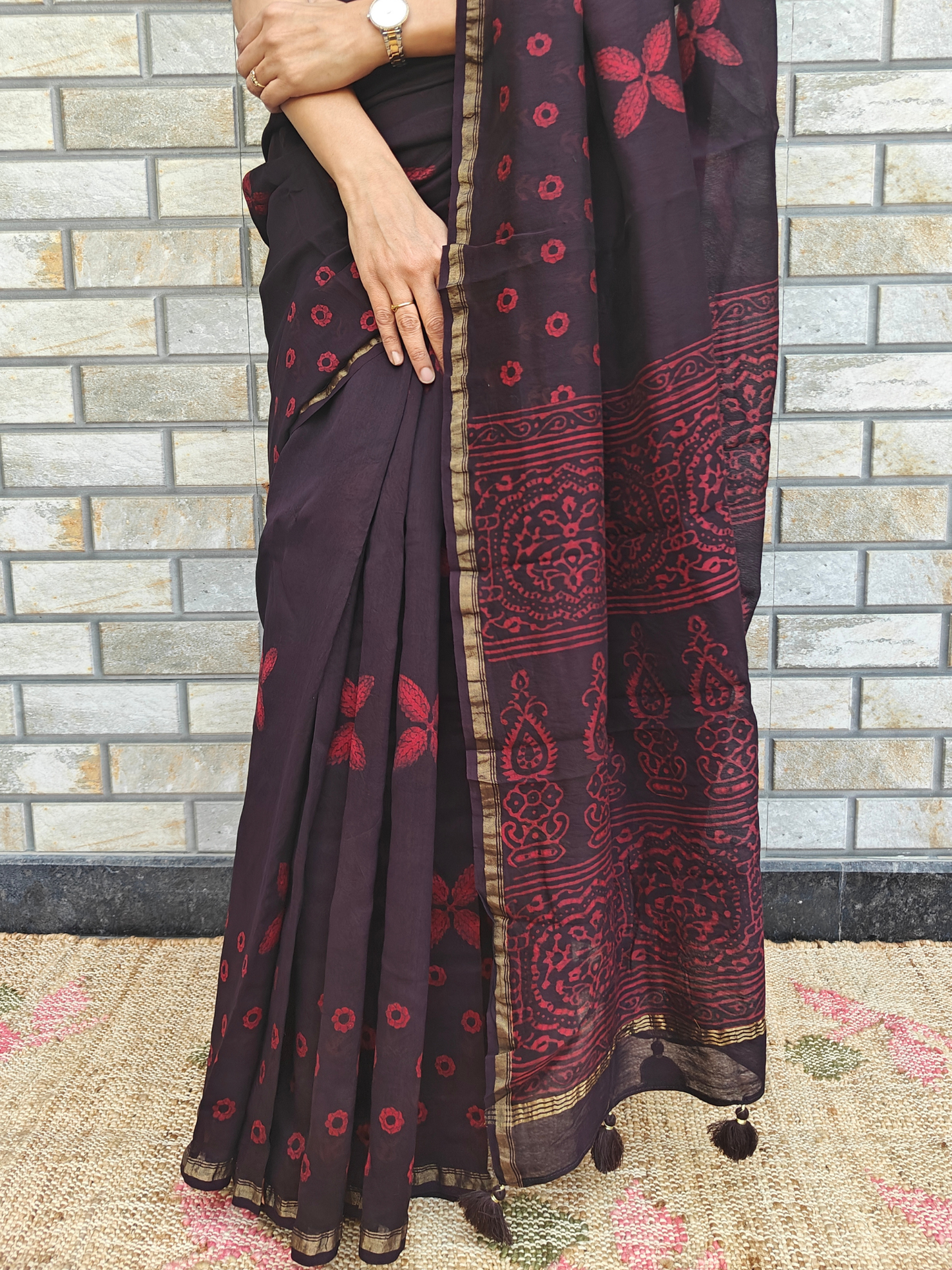 Coffee-Maroon Dabu Handblock Print Chanderi Saree