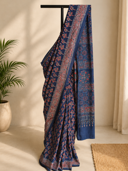 Indigo Ajrakh Handblock Printed Mull Cotton Saree