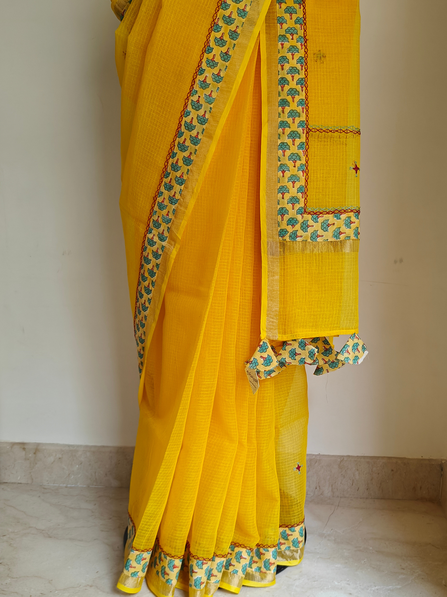 Yellow Kota Patchwork Hand Embroidered Saree