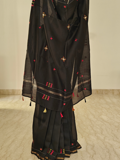 Black Silk-Cotton Chanderi Hand-Embroidered Saree