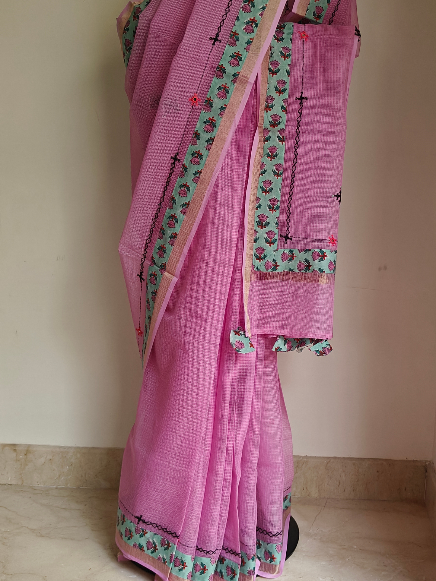 Pink Kota Patchwork Hand Embroidered Saree