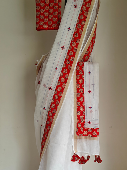 White Kota Patchwork Hand Embroidered Saree