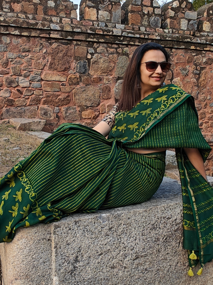 Green-Yellow Dabu Handblock Print Chanderi Saree