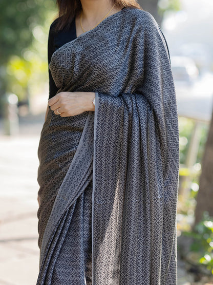 Grey Jaal Modal Silk Ajrakh Block Print Saree