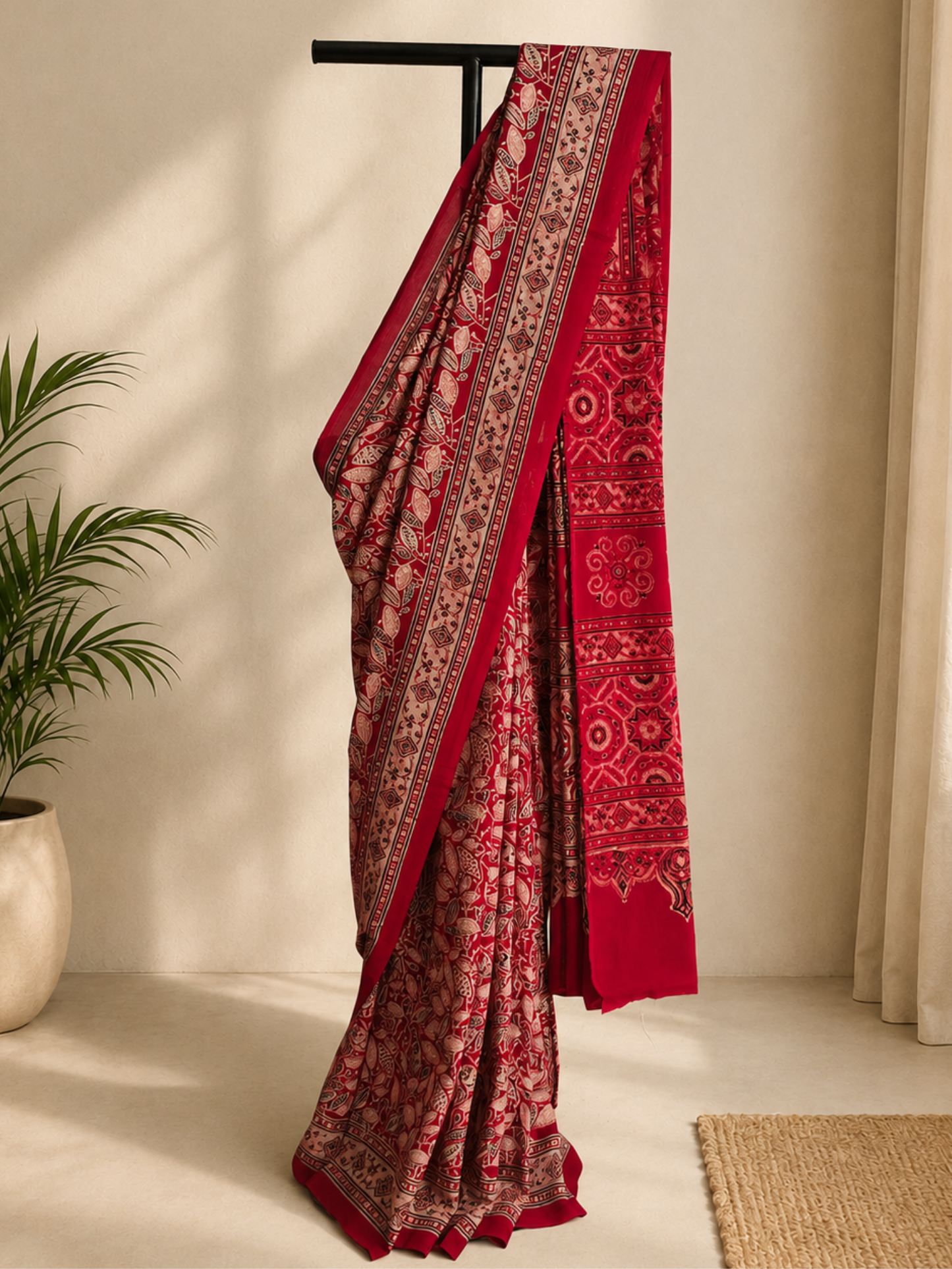 Red Ajrakh Handblock Printed Mull Cotton Saree