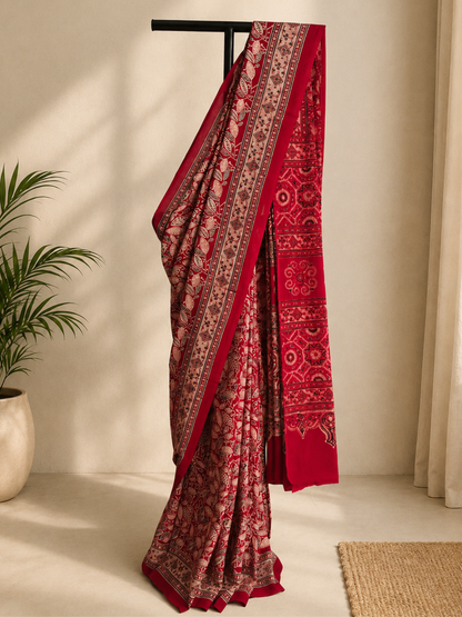 Red Ajrakh Handblock Printed Mull Cotton Saree
