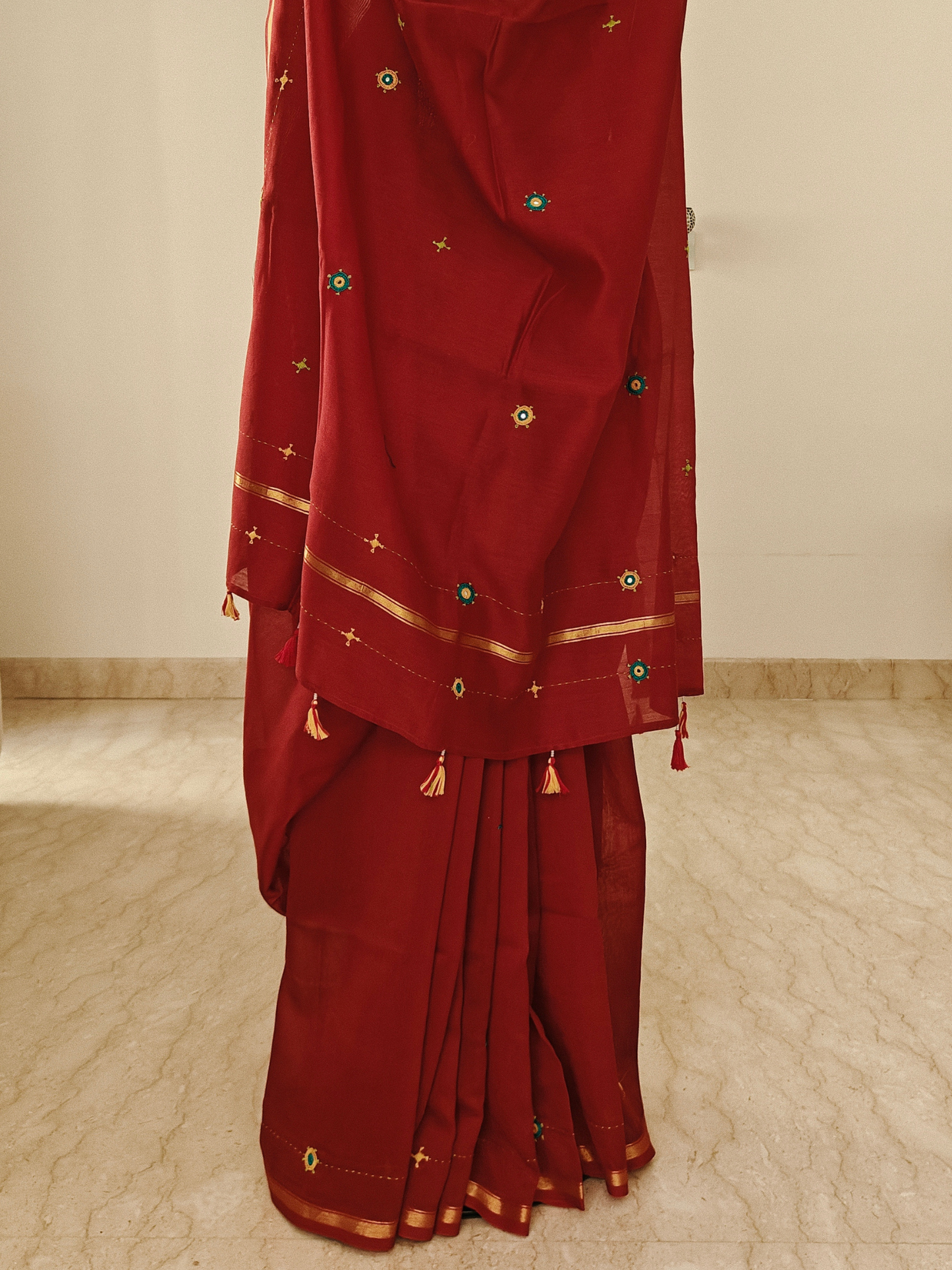 Red Silk-Cotton Chanderi Hand-Embroidered Saree