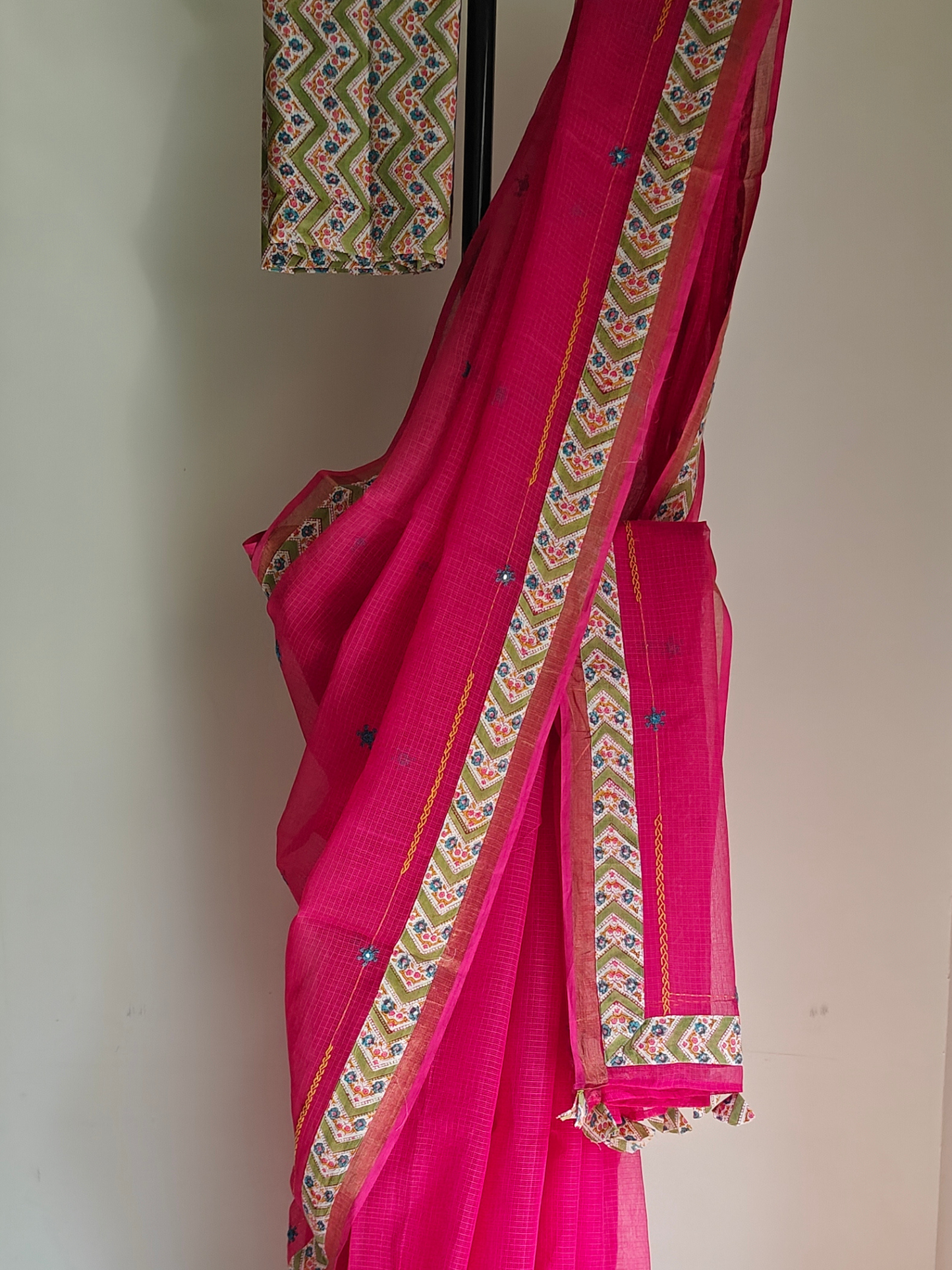 Rani Pink Kota Patchwork Hand Embroidered Saree
