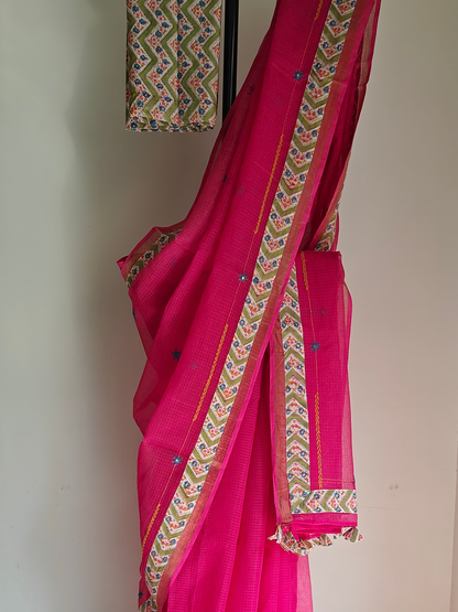 Rani Pink Kota Patchwork Hand Embroidered Saree