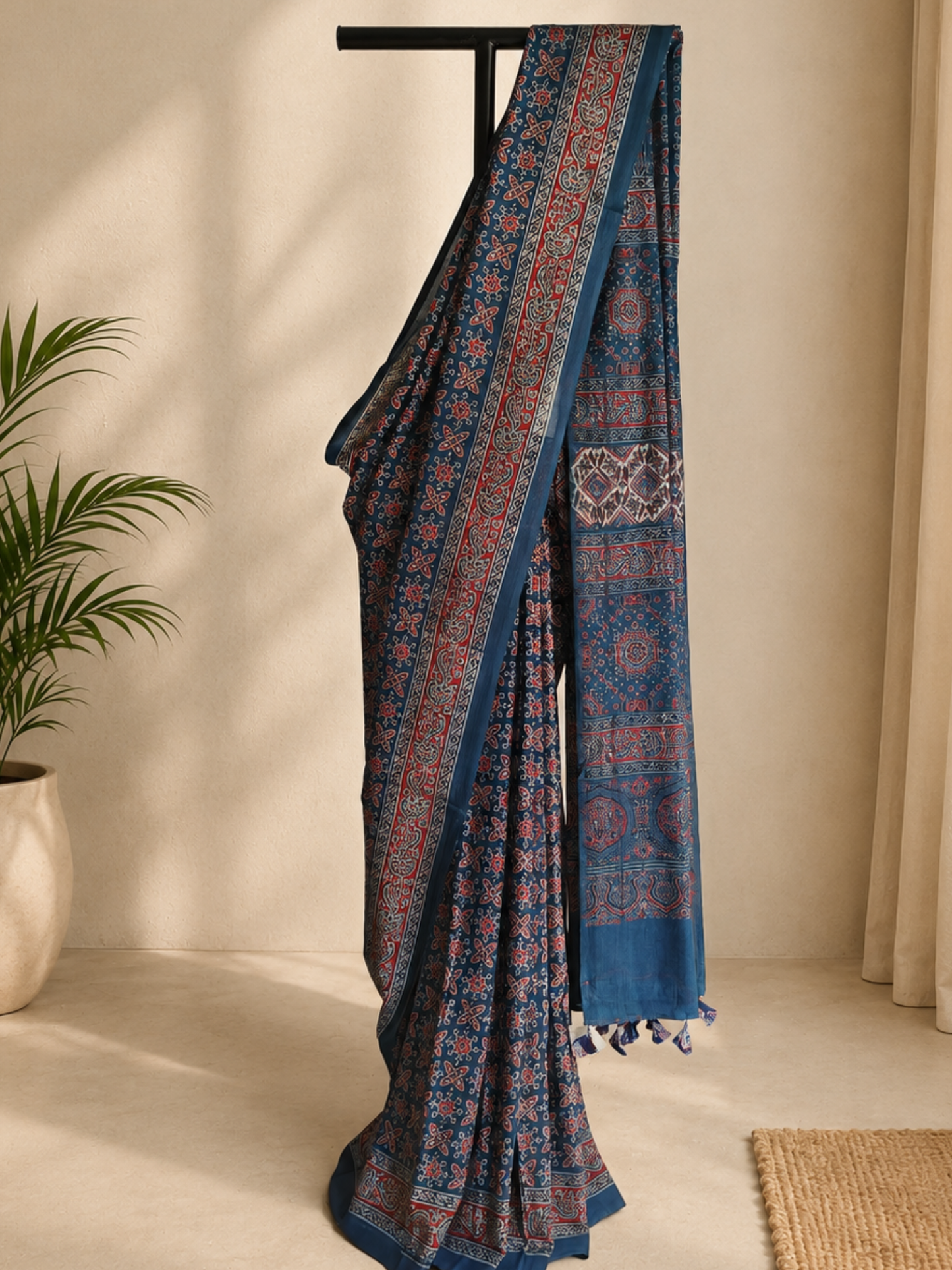 Indigo Ajrakh Handblock Printed Mull Cotton Saree
