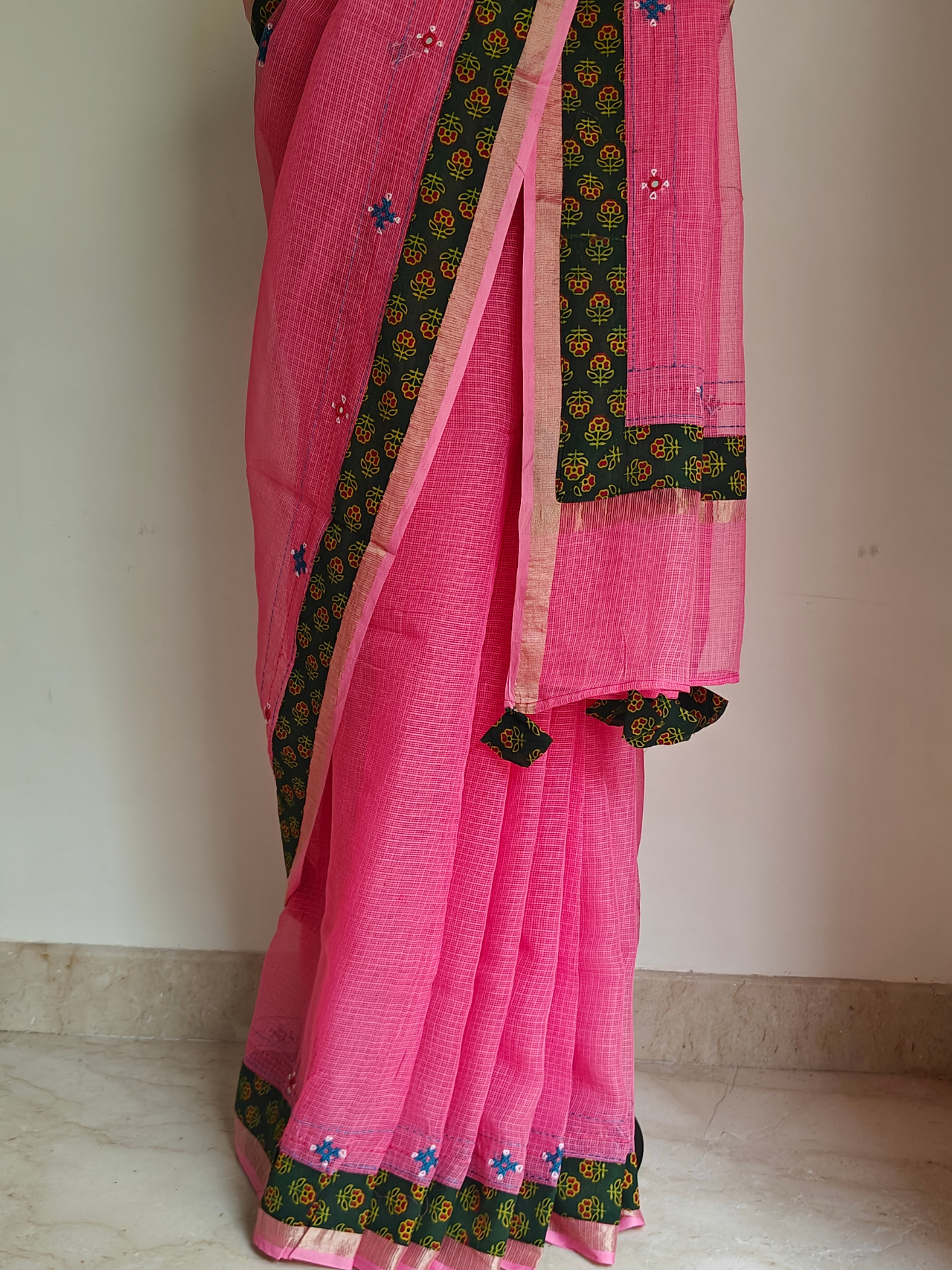 Pink Kota Patchwork Hand Embroidered Saree