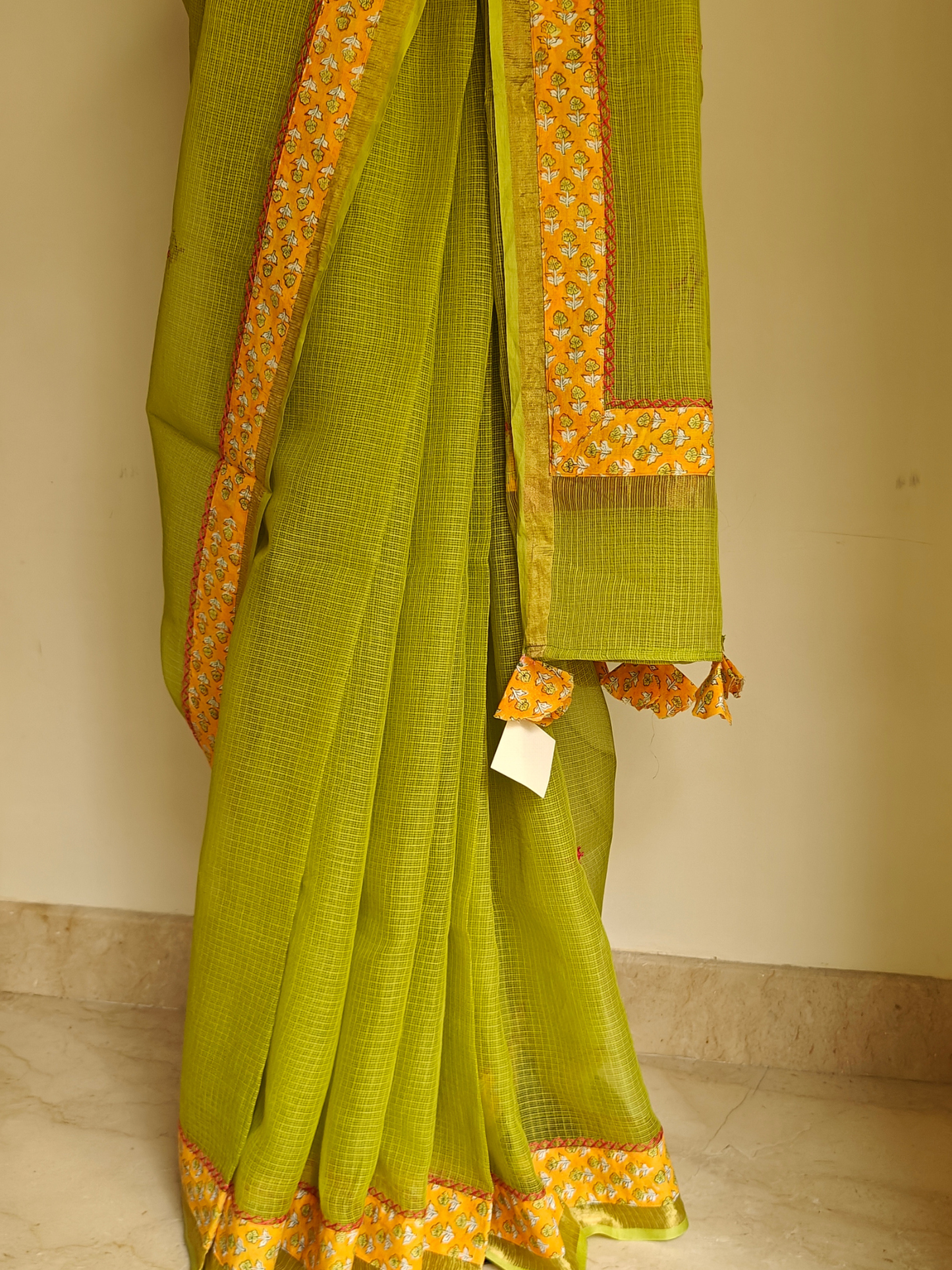 Lime Green Kota Patchwork Hand Embroidered Saree