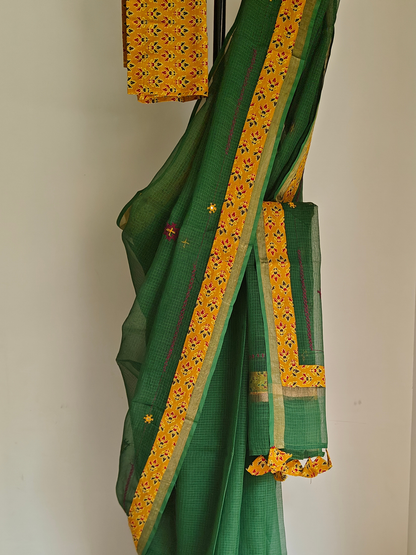 Green Kota Patchwork Hand Embroidered Saree