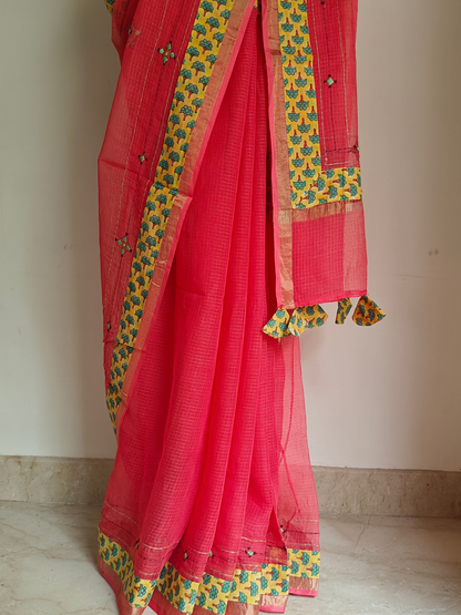 Peach Kota Patchwork Hand Embroidered Saree