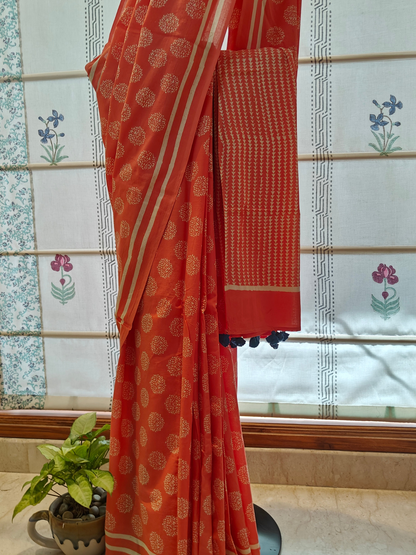 Peach Coral Handblock Printed Mull Cotton Saree