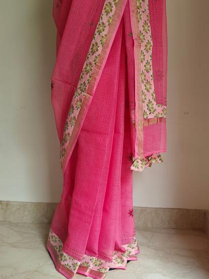 Pink Kota Patchwork Hand Embroidered Saree