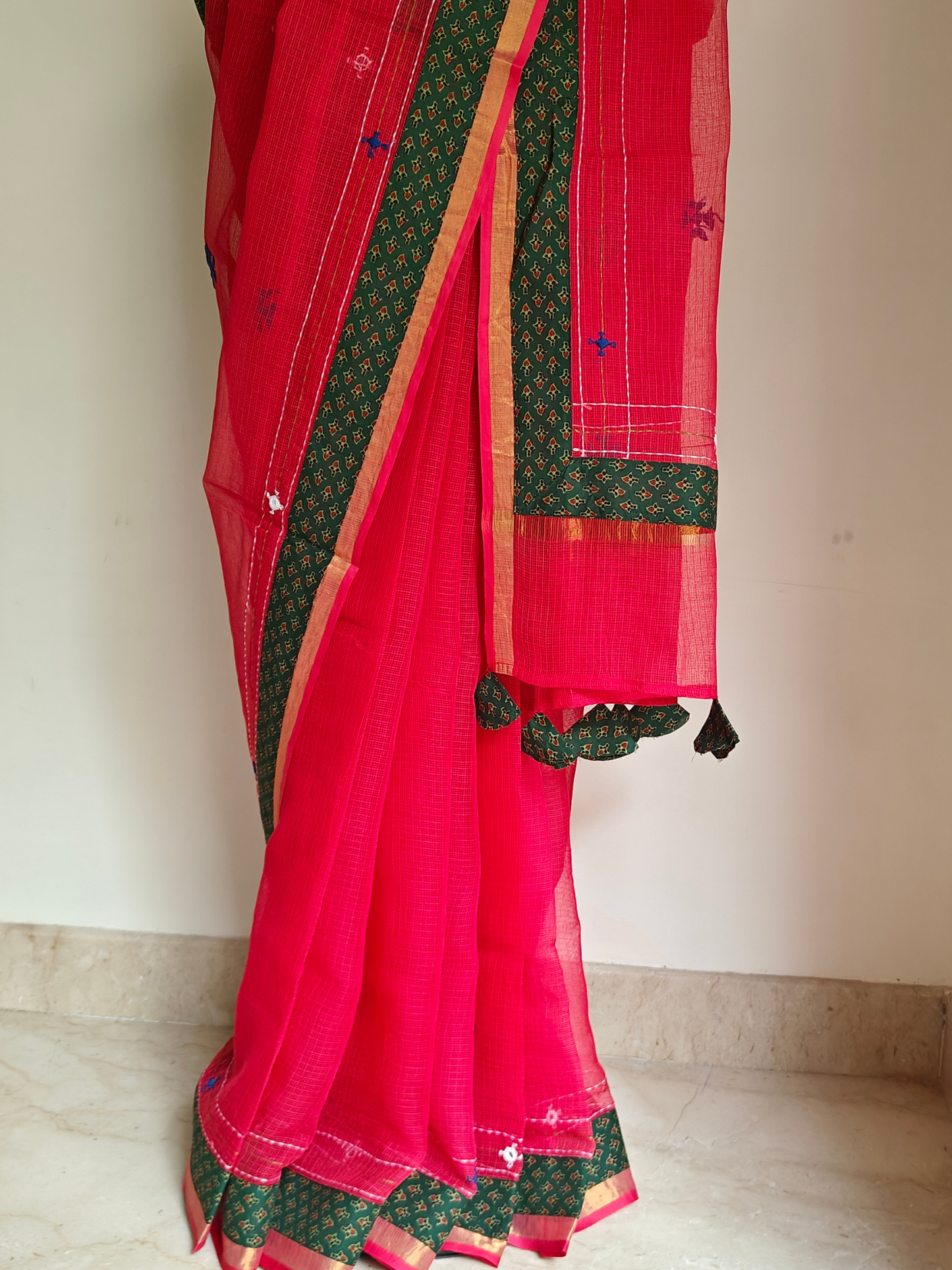 Red Kota Patchwork Hand Embroidered Saree