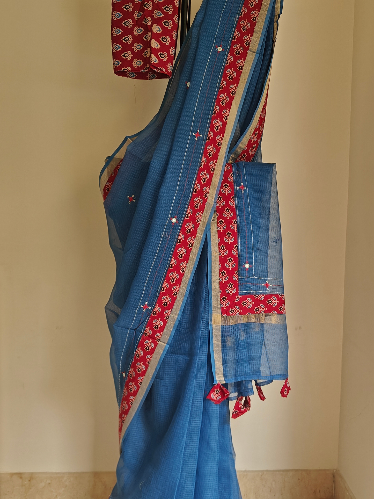 Navy Blue Kota Patchwork Hand Embroidered Saree